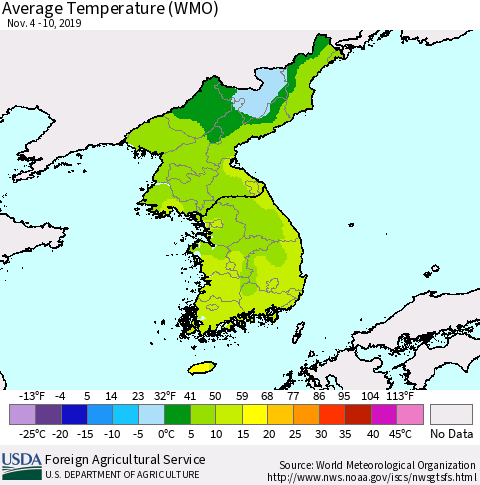 Korea Average Temperature (WMO) Thematic Map For 11/4/2019 - 11/10/2019