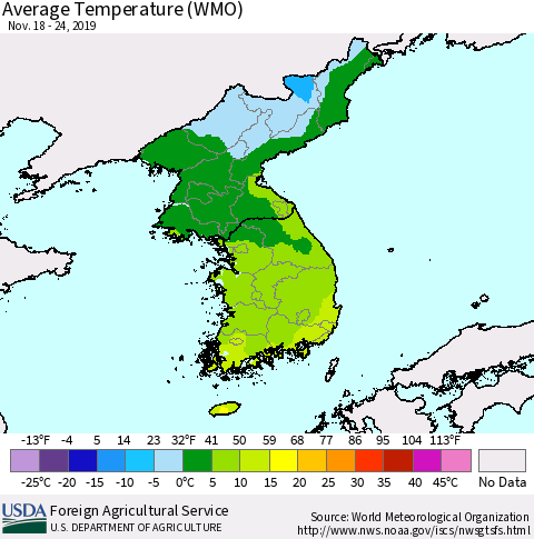 Korea Average Temperature (WMO) Thematic Map For 11/18/2019 - 11/24/2019