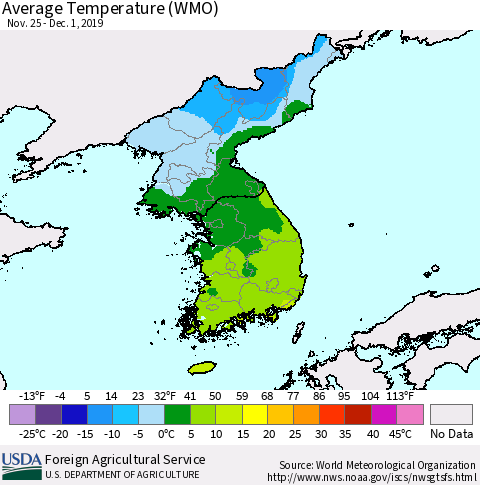 Korea Average Temperature (WMO) Thematic Map For 11/25/2019 - 12/1/2019