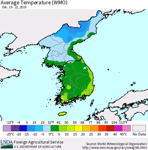 Korea Average Temperature (WMO) Thematic Map For 12/16/2019 - 12/22/2019