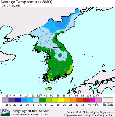 Korea Average Temperature (WMO) Thematic Map For 12/23/2019 - 12/29/2019