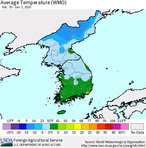 Korea Average Temperature (WMO) Thematic Map For 12/30/2019 - 1/5/2020