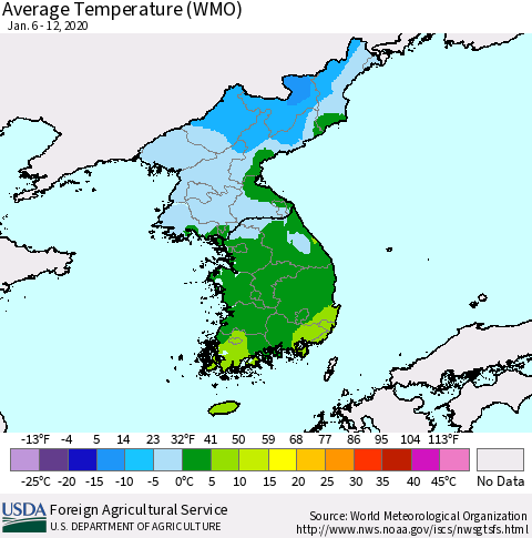 Korea Average Temperature (WMO) Thematic Map For 1/6/2020 - 1/12/2020