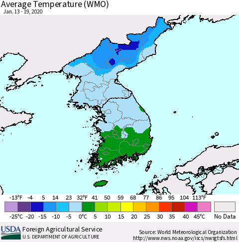 Korea Average Temperature (WMO) Thematic Map For 1/13/2020 - 1/19/2020