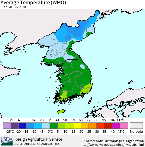 Korea Average Temperature (WMO) Thematic Map For 1/20/2020 - 1/26/2020