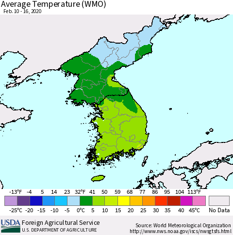 Korea Average Temperature (WMO) Thematic Map For 2/10/2020 - 2/16/2020