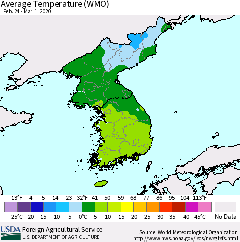Korea Average Temperature (WMO) Thematic Map For 2/24/2020 - 3/1/2020