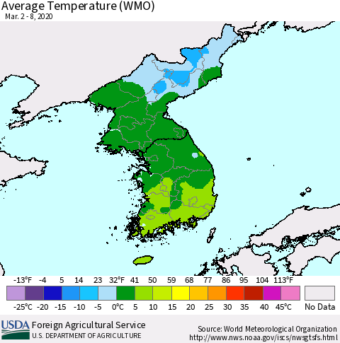 Korea Average Temperature (WMO) Thematic Map For 3/2/2020 - 3/8/2020