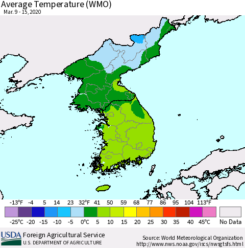Korea Average Temperature (WMO) Thematic Map For 3/9/2020 - 3/15/2020