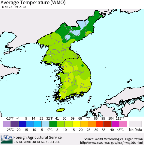 Korea Average Temperature (WMO) Thematic Map For 3/23/2020 - 3/29/2020