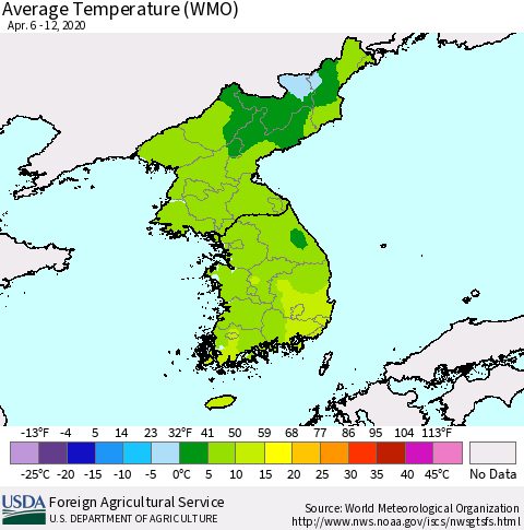 Korea Average Temperature (WMO) Thematic Map For 4/6/2020 - 4/12/2020