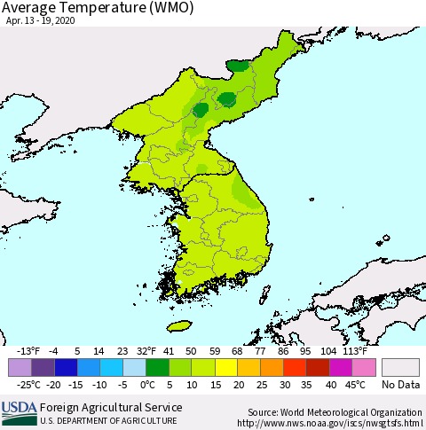 Korea Average Temperature (WMO) Thematic Map For 4/13/2020 - 4/19/2020