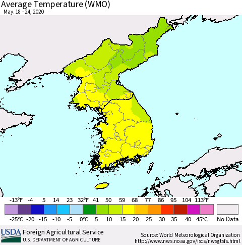 Korea Average Temperature (WMO) Thematic Map For 5/18/2020 - 5/24/2020