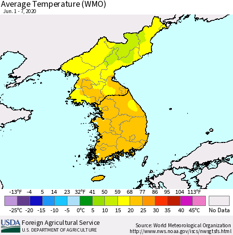 Korea Average Temperature (WMO) Thematic Map For 6/1/2020 - 6/7/2020