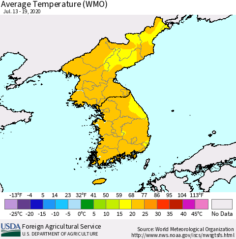 Korea Average Temperature (WMO) Thematic Map For 7/13/2020 - 7/19/2020