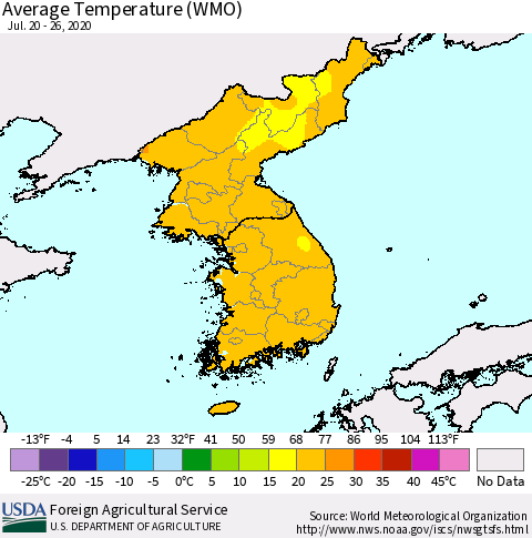 Korea Average Temperature (WMO) Thematic Map For 7/20/2020 - 7/26/2020