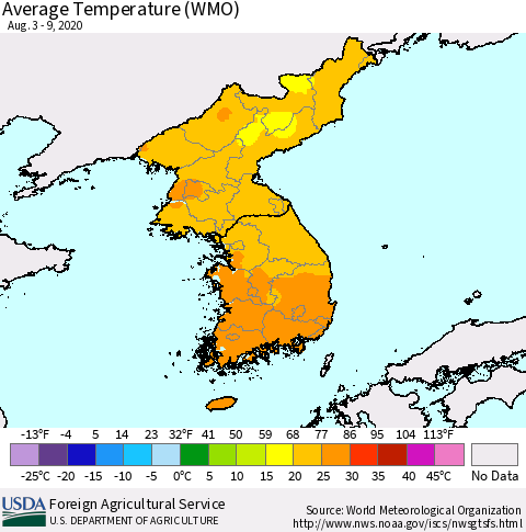Korea Average Temperature (WMO) Thematic Map For 8/3/2020 - 8/9/2020