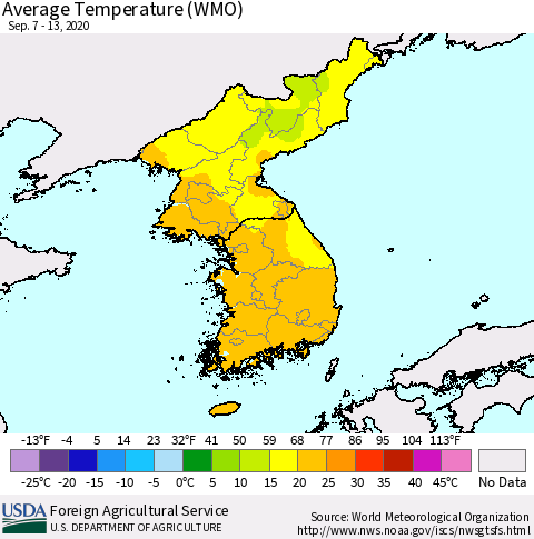 Korea Average Temperature (WMO) Thematic Map For 9/7/2020 - 9/13/2020