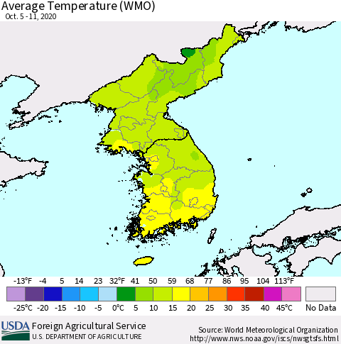 Korea Average Temperature (WMO) Thematic Map For 10/5/2020 - 10/11/2020