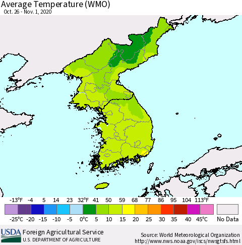 Korea Average Temperature (WMO) Thematic Map For 10/26/2020 - 11/1/2020