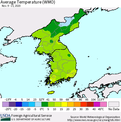 Korea Average Temperature (WMO) Thematic Map For 11/9/2020 - 11/15/2020