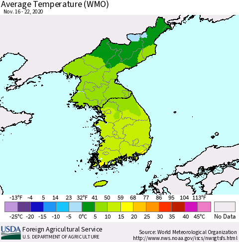 Korea Average Temperature (WMO) Thematic Map For 11/16/2020 - 11/22/2020