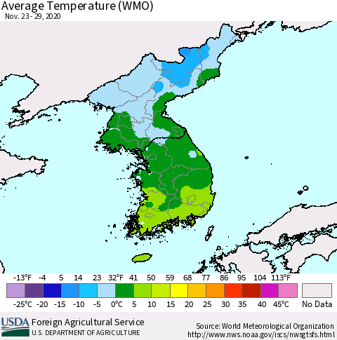Korea Average Temperature (WMO) Thematic Map For 11/23/2020 - 11/29/2020