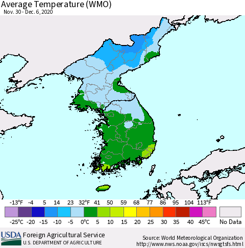 Korea Average Temperature (WMO) Thematic Map For 11/30/2020 - 12/6/2020