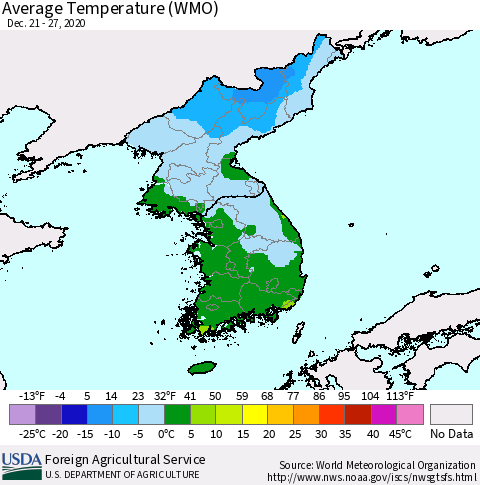 Korea Average Temperature (WMO) Thematic Map For 12/21/2020 - 12/27/2020