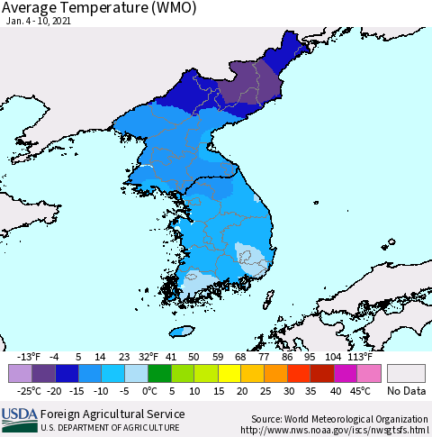 Korea Average Temperature (WMO) Thematic Map For 1/4/2021 - 1/10/2021