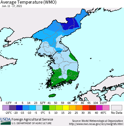 Korea Average Temperature (WMO) Thematic Map For 1/11/2021 - 1/17/2021