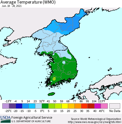 Korea Average Temperature (WMO) Thematic Map For 1/18/2021 - 1/24/2021