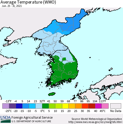 Korea Average Temperature (WMO) Thematic Map For 1/25/2021 - 1/31/2021