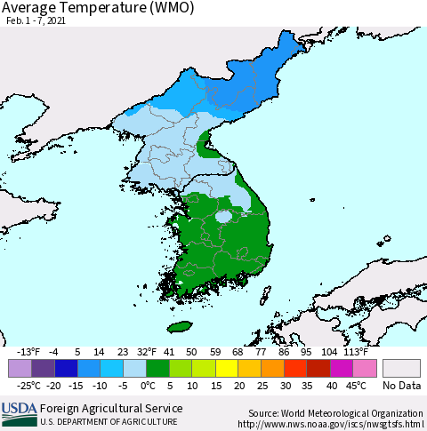 Korea Average Temperature (WMO) Thematic Map For 2/1/2021 - 2/7/2021