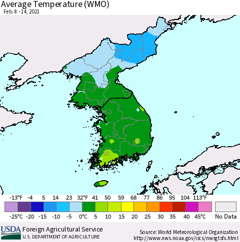 Korea Average Temperature (WMO) Thematic Map For 2/8/2021 - 2/14/2021