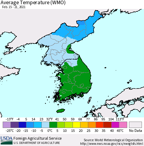 Korea Average Temperature (WMO) Thematic Map For 2/15/2021 - 2/21/2021