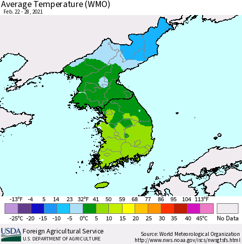 Korea Average Temperature (WMO) Thematic Map For 2/22/2021 - 2/28/2021