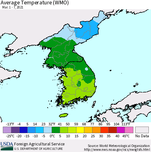 Korea Average Temperature (WMO) Thematic Map For 3/1/2021 - 3/7/2021
