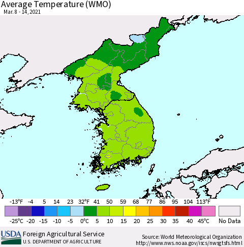 Korea Average Temperature (WMO) Thematic Map For 3/8/2021 - 3/14/2021
