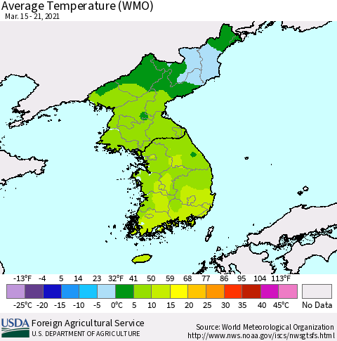 Korea Average Temperature (WMO) Thematic Map For 3/15/2021 - 3/21/2021