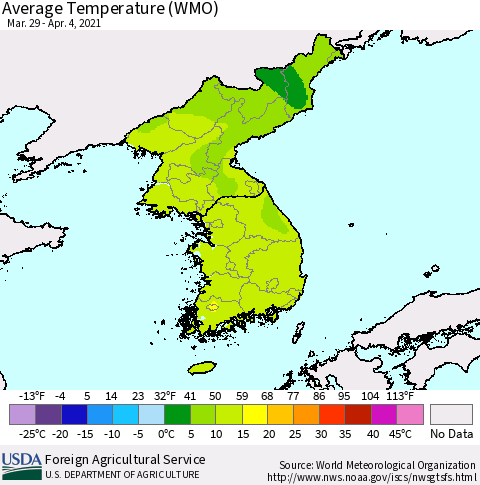 Korea Average Temperature (WMO) Thematic Map For 3/29/2021 - 4/4/2021