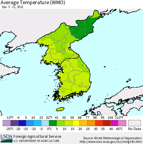 Korea Average Temperature (WMO) Thematic Map For 4/5/2021 - 4/11/2021
