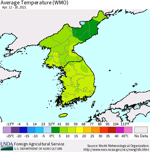 Korea Average Temperature (WMO) Thematic Map For 4/12/2021 - 4/18/2021
