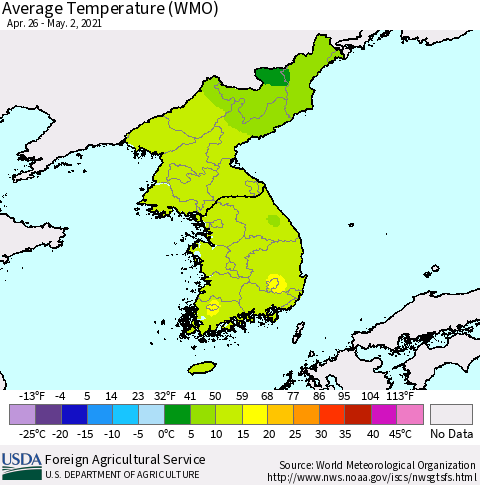 Korea Average Temperature (WMO) Thematic Map For 4/26/2021 - 5/2/2021