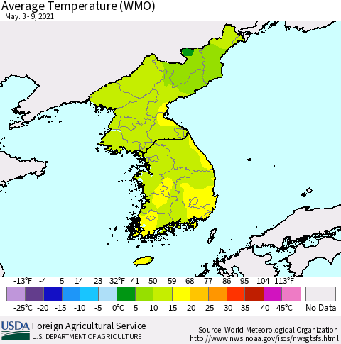 Korea Average Temperature (WMO) Thematic Map For 5/3/2021 - 5/9/2021