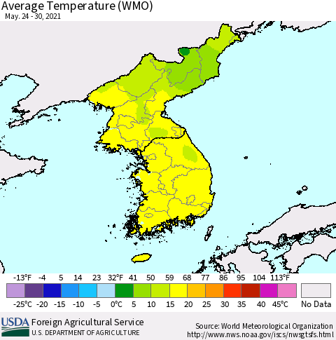 Korea Average Temperature (WMO) Thematic Map For 5/24/2021 - 5/30/2021