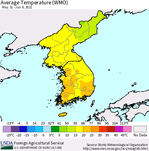Korea Average Temperature (WMO) Thematic Map For 5/31/2021 - 6/6/2021