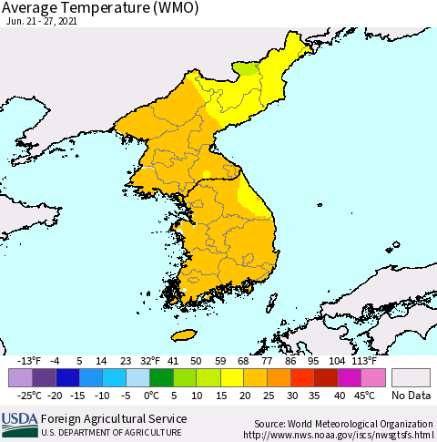Korea Average Temperature (WMO) Thematic Map For 6/21/2021 - 6/27/2021