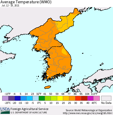 Korea Average Temperature (WMO) Thematic Map For 7/12/2021 - 7/18/2021