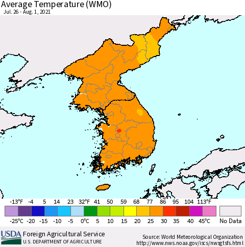 Korea Average Temperature (WMO) Thematic Map For 7/26/2021 - 8/1/2021